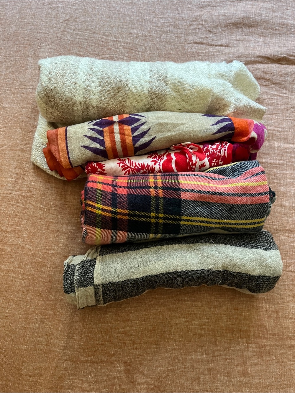 Assorted Rolled Scarves - Neutral, Pink, Red, Orange Prints